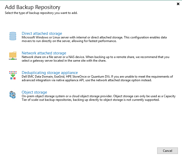 Veeam Backup & Replication supports different repository types