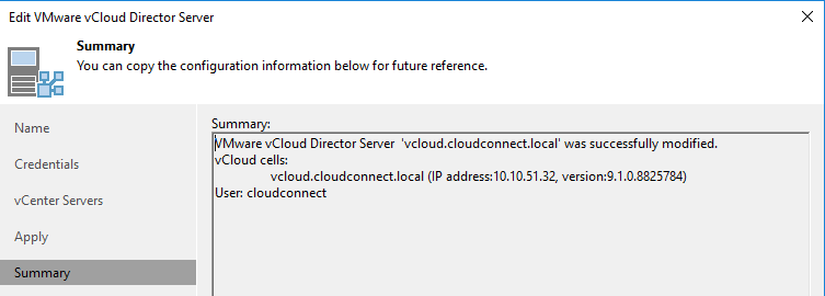vCloud is added to Veeam Backup & Replication