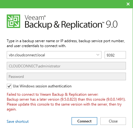 Standalone Console must be at the same version of the connecting Veeam Backup Server