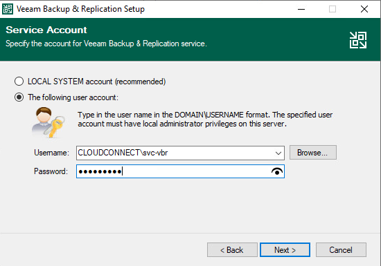 Specify a Service Account for Veeam Backup & Replication