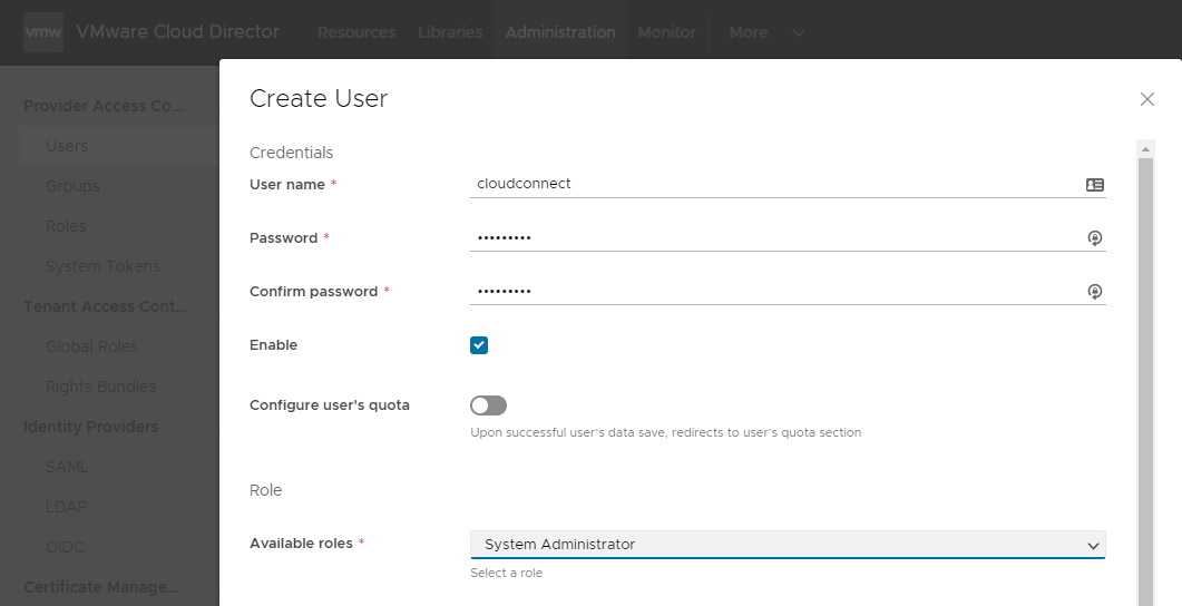 Add a new user in vCloud Director