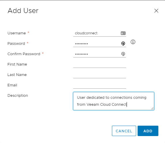 Create a dedicated account for Cloud Connect in vCente server