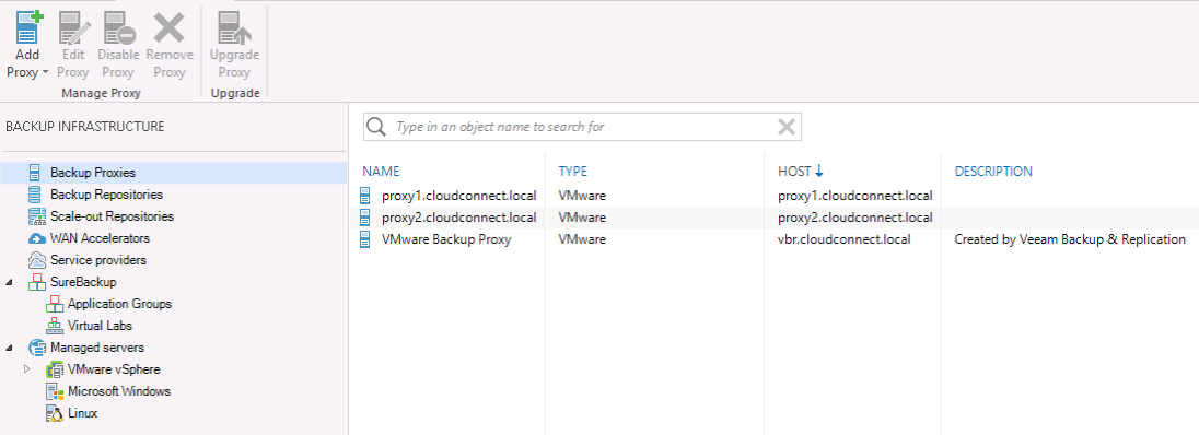 List of available Veeam proxies
