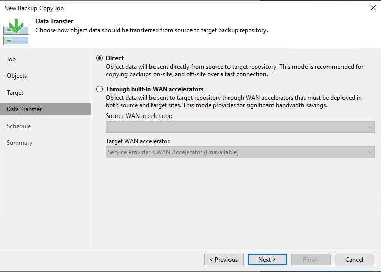 Choose between direct mode or through WAN accelerators