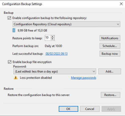 Configuration backup sent to Veeam Cloud Connect