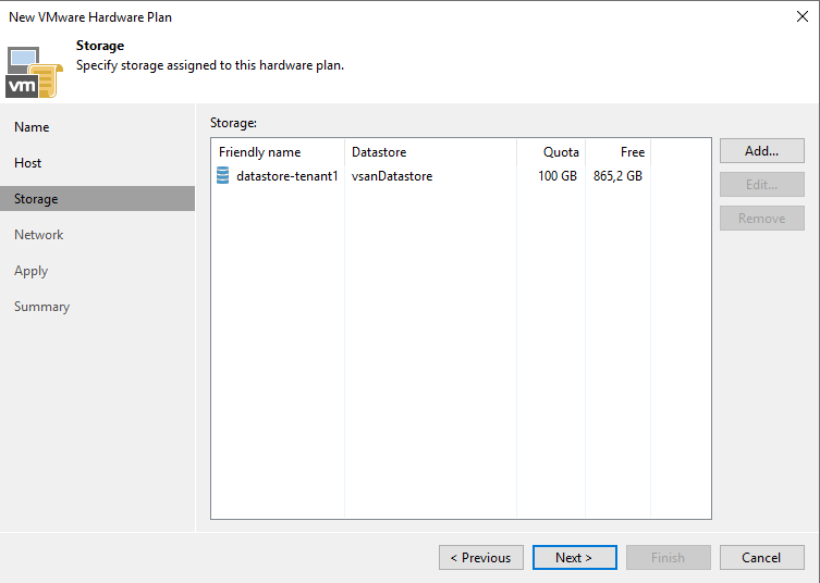 Assigned storage to a Hardware Plan