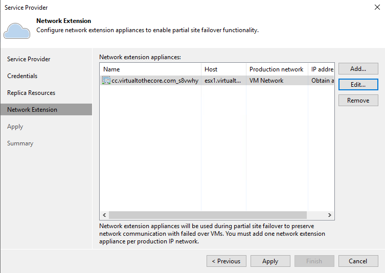 Network extension step during service provider setup wizard