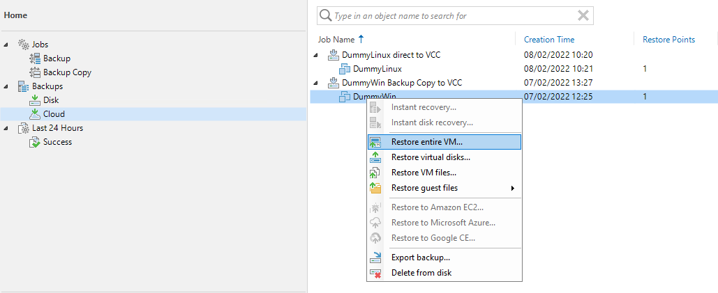 Select a virtual machine to be restored from a Cloud Repository