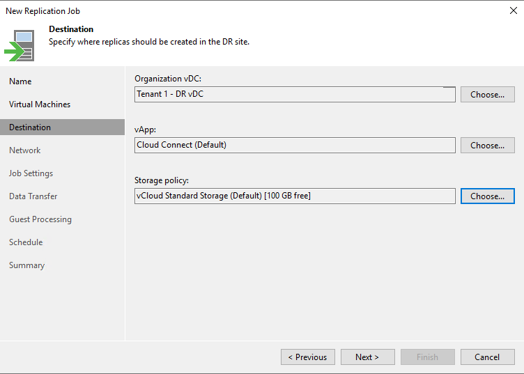 Destination options in the replication job